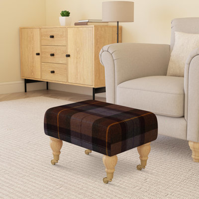 Tartan Material Large Footstools Wood Caster Leg - Tartan - Merlot Pinky Purple
