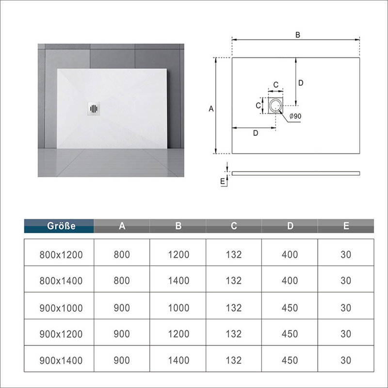Thekla W 30mm D Rectangular Shower Tray, 80cm H x 100cm W x 3cm D