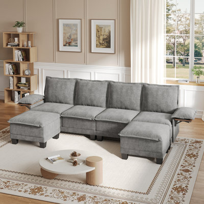 122" Waterproof Chenille U-shaped Sectional Sofa, 4-seat Modular Upholstered Couch With Collapsible Table, Moveable Ottomans And Easy Assembly