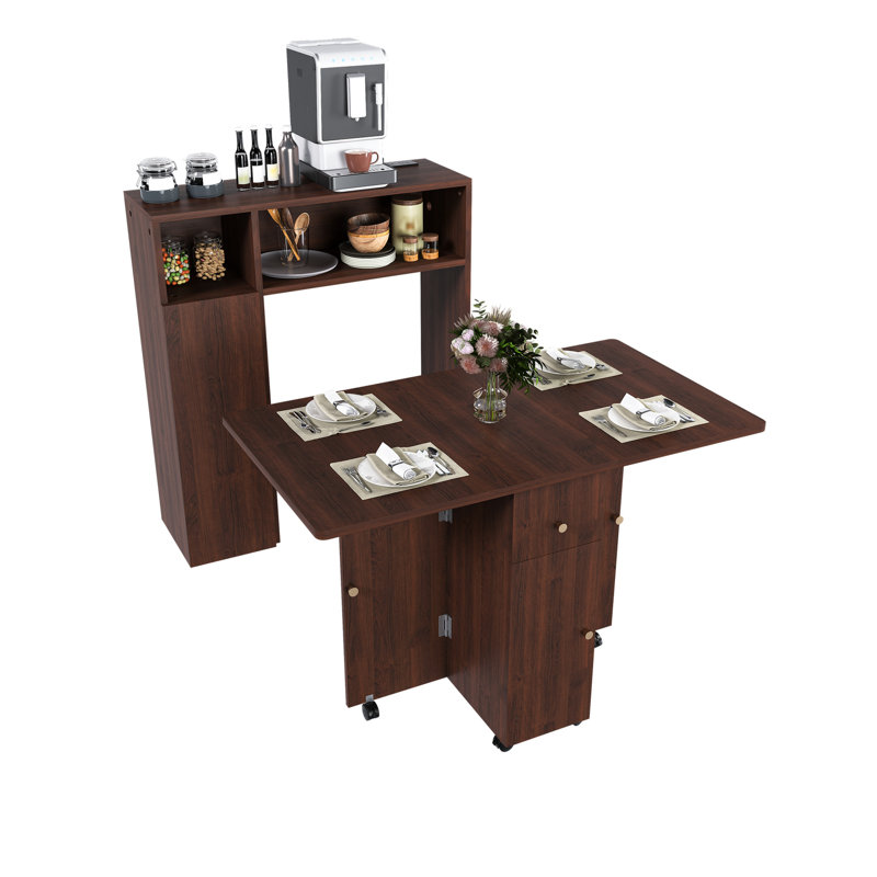 Folding Dining Table With Sideboard & Braking Function, Material, Walnut Color, Small Space Multifunctional Socket, Foldable For Saving,