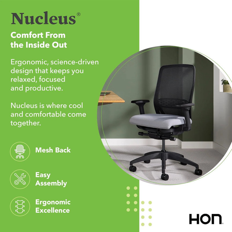 Chaise de bureau ergonomique en filet HON Nucleus, Blanc de designer, Gris