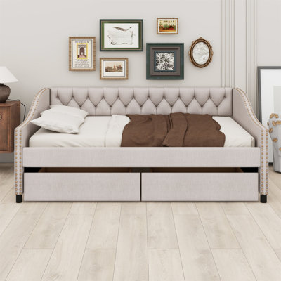 Upholstered Daybed With Two Drawers,Wood Slat Support by Lark Manor