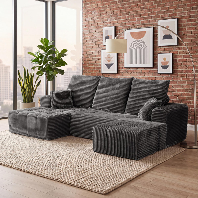 Canapé d'angle modulaire compressé en forme de U de 277 cm de large avec méridienne et pouf, 3 pièces, revêtement en velours côtelé, assise profonde, ressorts ensachés et 5 coussins pour salon, aucun assemblage requis, gris
