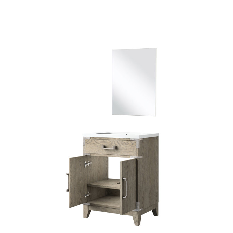 Meuble-lavabo simple en chêne gris l 24 po x P 18 po, comptoir en acrylique et miroir - fermeture en douceur, capacité de rangement intérieure abondante