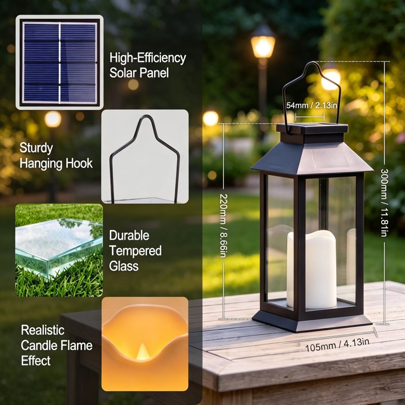 Set of 2 Solar Flame Lanterns Outdoor, Black Hanging Solar Candle Lantern Light with Tempered Glass Shade, Rust‑Proof Flickering Flameless Design, Waterproof Decor for Patio & Garden [Energy Class A]