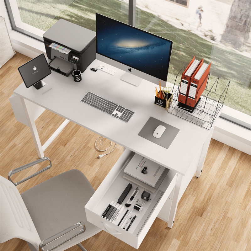 47.3"Office Desk With Power Outlet,3 Drawers,Side Pocket, Study Desk Easy To Assemble,Frame Stability Reversible For Home Desk, Company Computer Desk, Game Table,Vanity Table