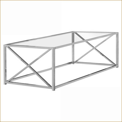 Table basse moderne avec plateau en verre trempé transparent et base en chrome poli, spacieuse pour le salon