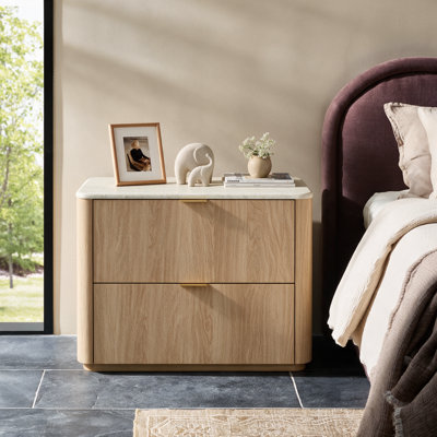 Table de chevet Elaren moderne de 60 cm de hauteur avec 2 tiroirs, en bois imitation travertin, pour chambre à coucher