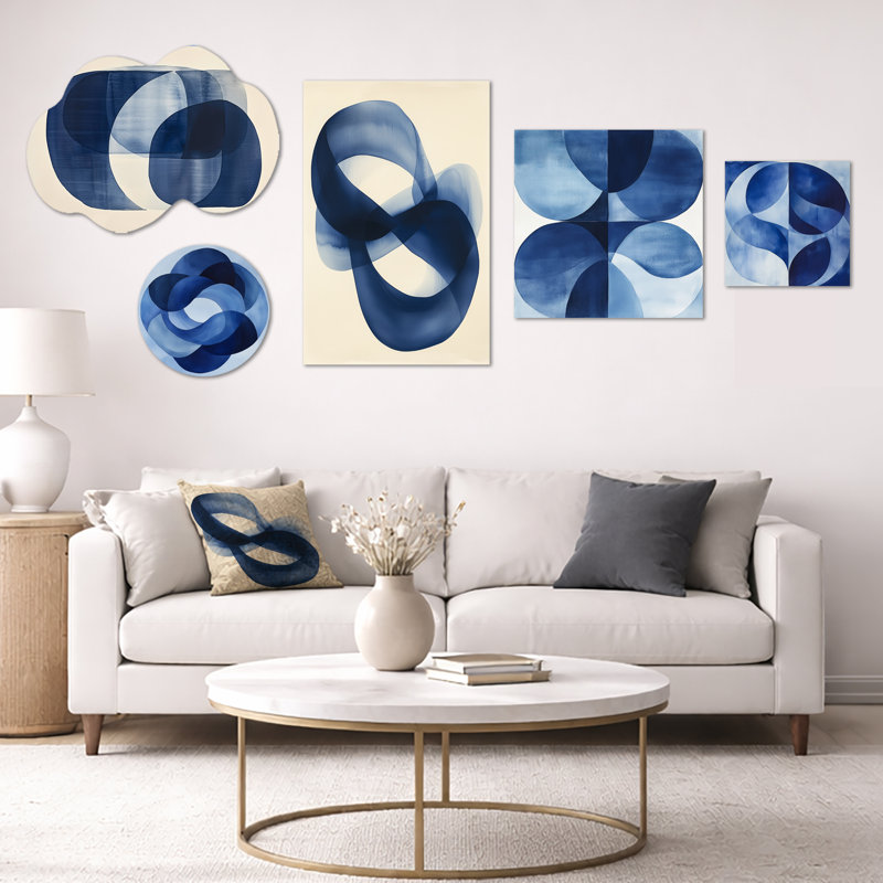 «Blue Minimal Curves - Abstract Wall Decor», ensemble de 5 panneaux d'art mural en métal et toile (100 po x 40 po)