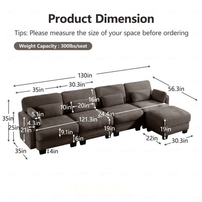 Canapé modulaire modulaire à 4 places Channel, capitonné en U avec repose-pieds mobile et coussins de siège épais épais, chenille