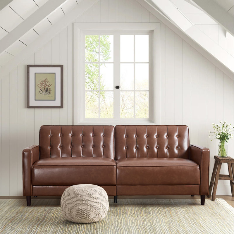 81.5" Wide Faux Leather Convertible Sleeper Sofa With Tufted Back, Brown Faux Leather