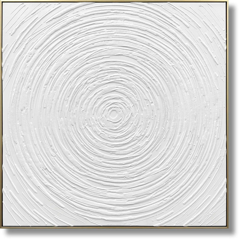 Art mural en toile White Radiance: Cercles concentriques texturés - 39 po x 39 po - cadre doré
