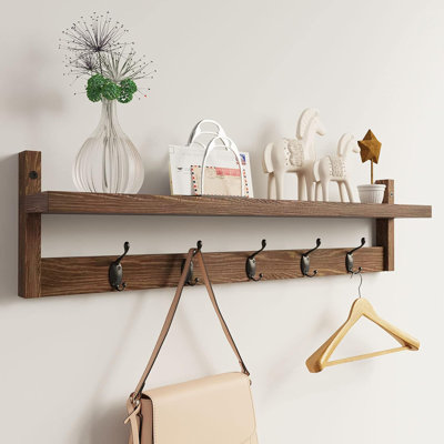 Portemanteaux mural en bois avec étagères 28,9 pouces de longueur avec porte-manteaux et porte-manteaux avec 5 crochets doubles pour salle de bain, salon, chambre à coucher (brun)