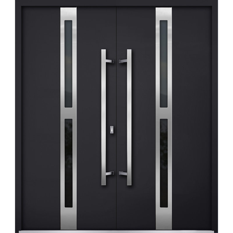 Façade avant extérieure en métal à deux portes doubles / deux portes en verre noir teinté émaillé noir 1755 / entrée moderne à droite avec porte active 72 po x 80 po