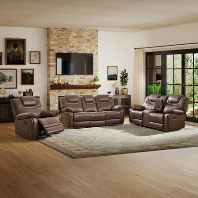 Ensemble de salon 3 pièces en similicuir classique avec canapés inclinables et fauteuil, console avec porte-gobelets et rangement