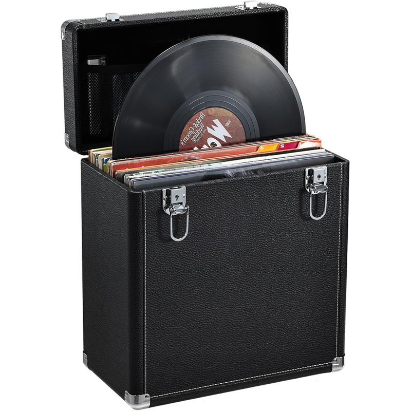 13.38"×7.08"×14.17" Vinyl Record Storage Box – 30+ LP Capacity Padded Portable Case with Mesh Lid Pockets