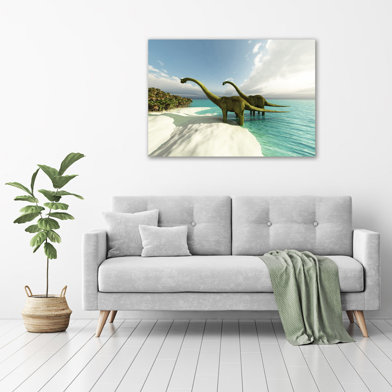 Dinosaurs On The Beach - No Frame Print on Canvas