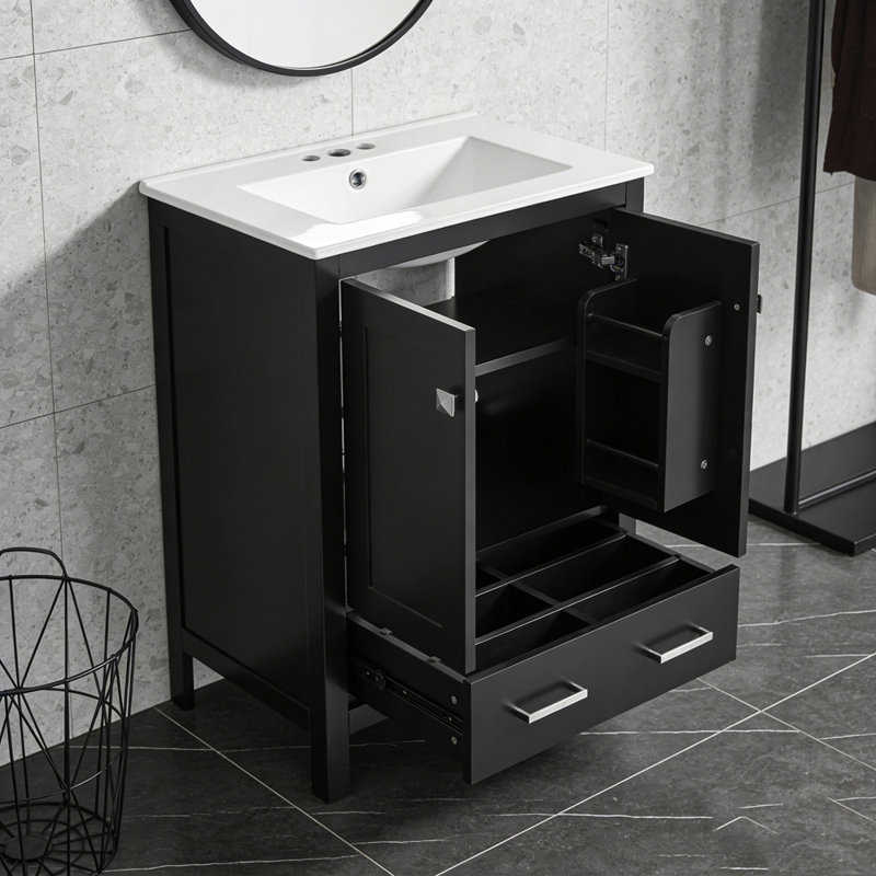 Meuble-lavabo de salle de bain avec lavabo encastré intégré avec tiroir divisé et tablette de porte à double couche, Noir