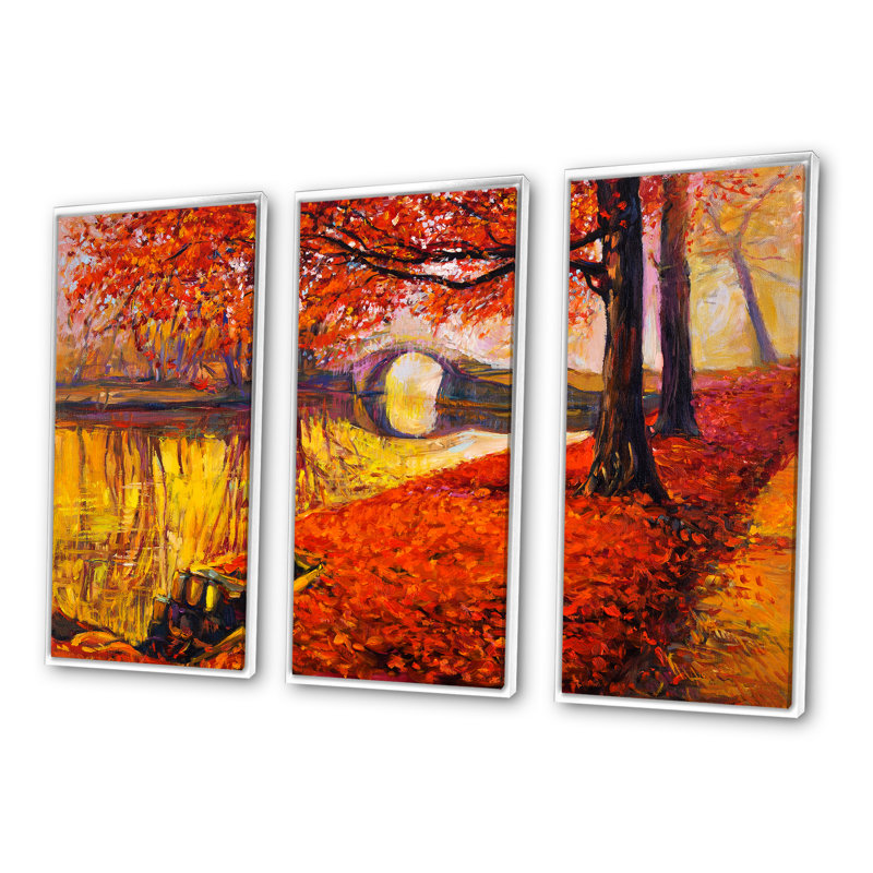 «Little Bridge In Orange Autumn Landscape I», peinture sur toile 3 pièces, H 28 po x l 36 po, Blanc