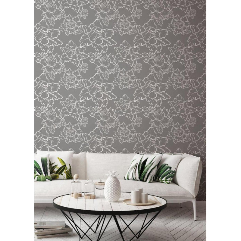 Peony 10' L x 24" W Peel and Stick Wallpaper Roll, Gray, Faux Grasscloth, Non-pasted