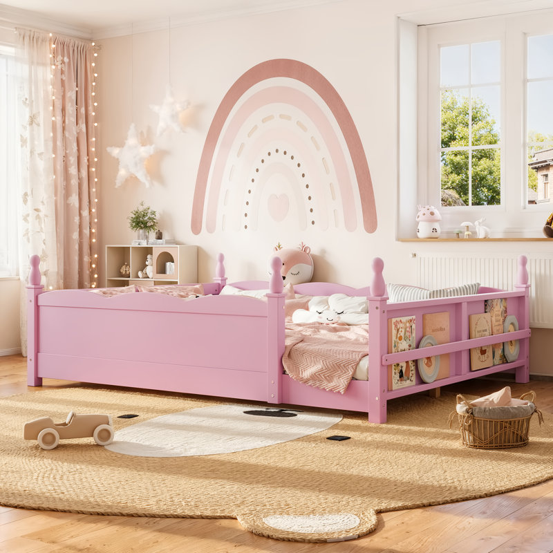 Grand lit au sol Montessori avec garde-corps pleine longueur, bibliothèque, base de lit pour enfant rose, Queen