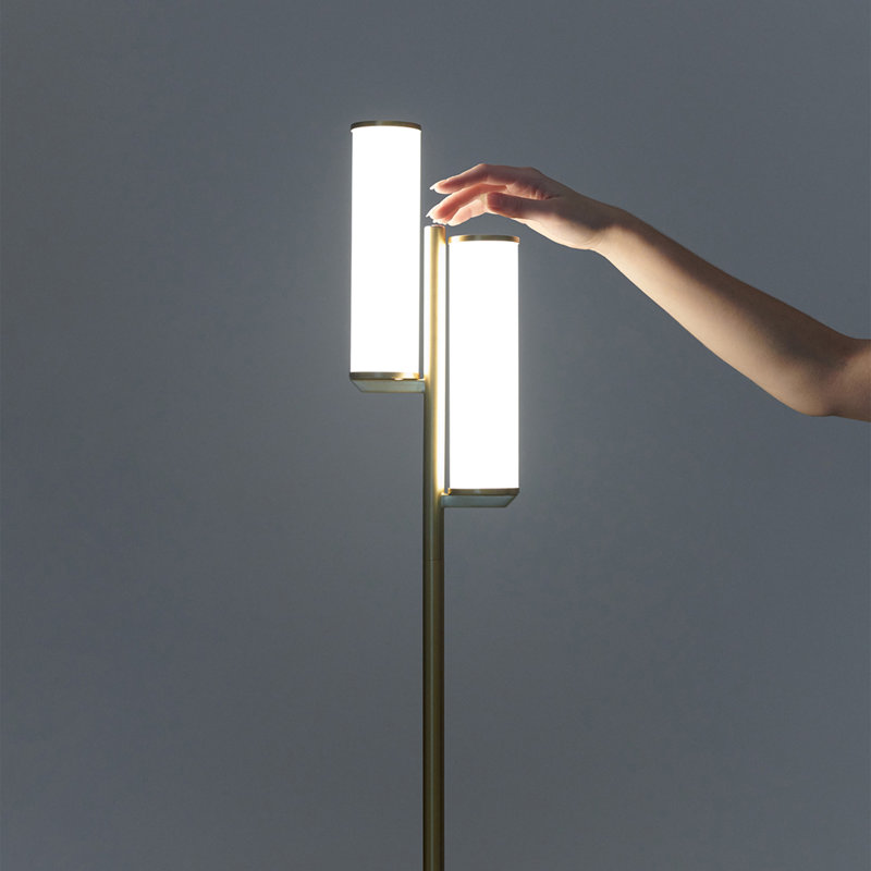 Gemini 64 in. Industrial 3-Way Dimming Gold LED Floor Lamp with Glass Cylinder Shades