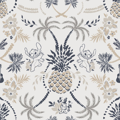 Papier peint autocollant taupe et bleu à motif ananas et damas Disney Stitch
