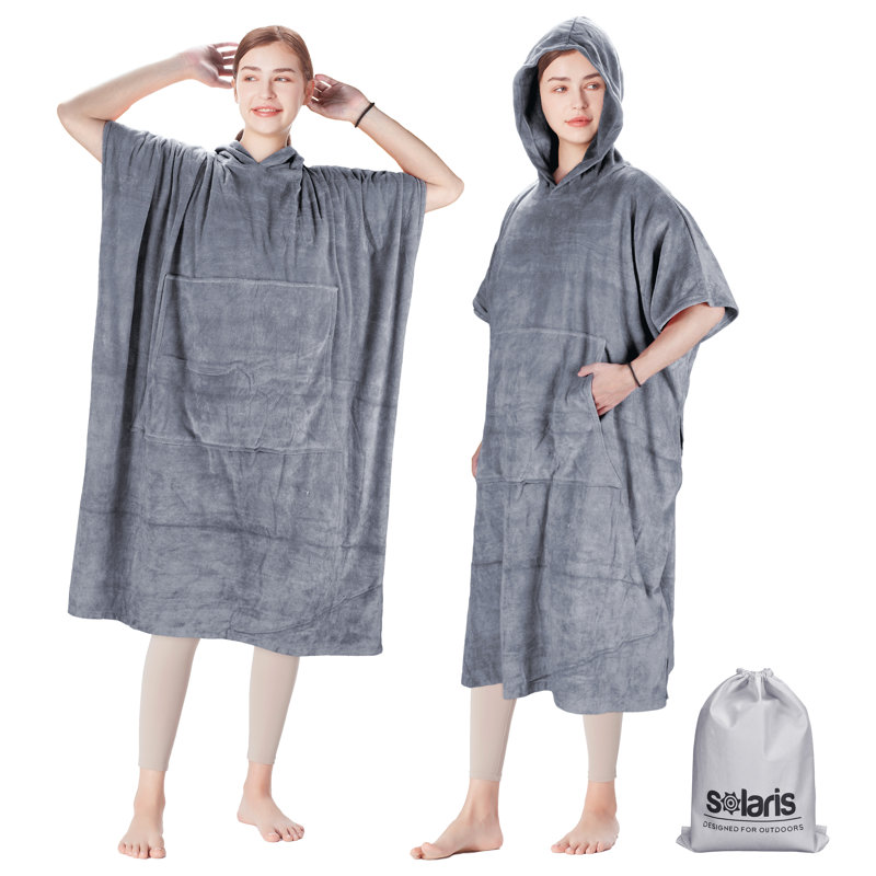 Peignoir en microfibre molletonnée mi-mollet avec poches et capuche, Gris