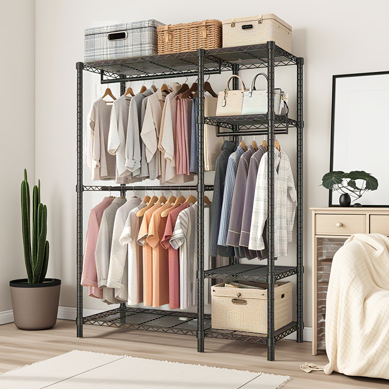 Portemanteau réglable 44,88 po, portemanteau sur pied pour garde-robe, étagère grillagée avec 6 tablettes réglables et 3 tringles à vêtements