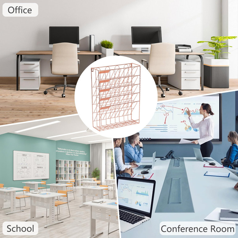 Desktop Organizer, 5-Tier Hanging File Organizer, Wall Mounted File Tray Organizer, Rose Gold