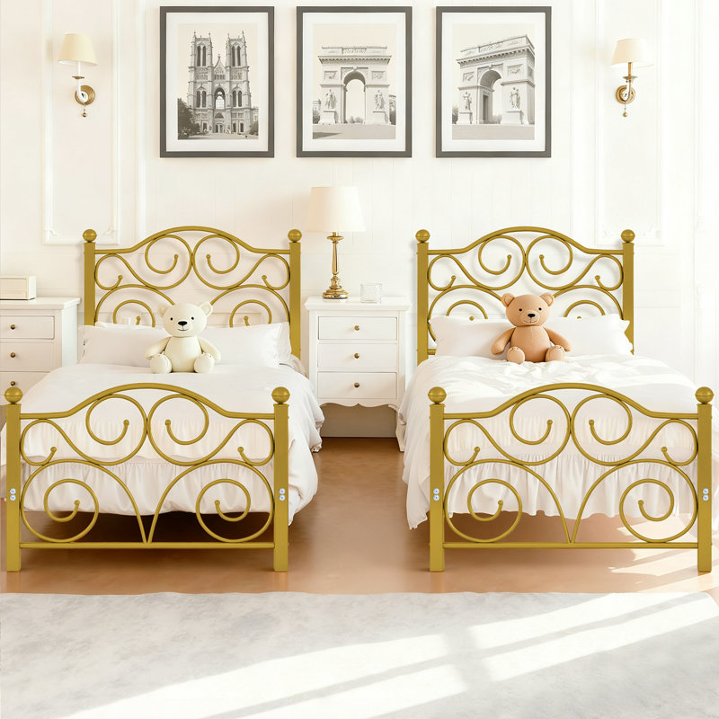 Mouin 2-Piece Metal Twin Bed Frame Set with Decorative Headboard and Footboard, Victorian Style Gold Platform Bed with Heavy-duty Slats Support, No Box Spring Needed