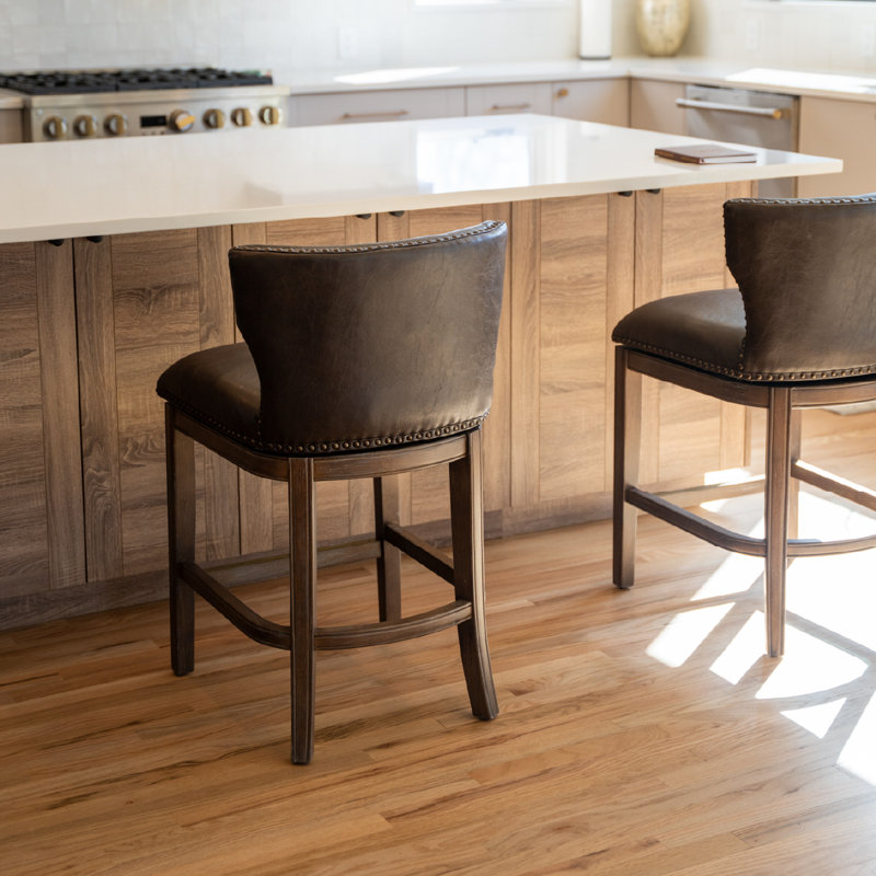 Maven Lane Hugo Stool with Faux Leather Upholstery, Bar Stool (26" Seat Height), Walnut
