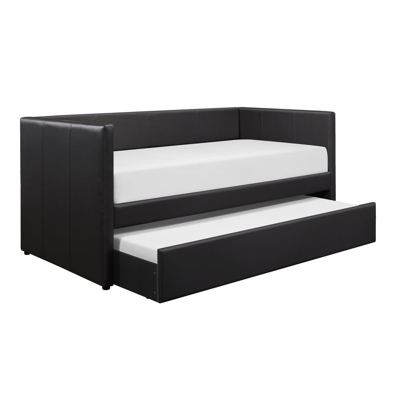 Black Faux Leather Upholstered Contemporary Daybed With Trundle Wooden Furniture 1Pc, Black