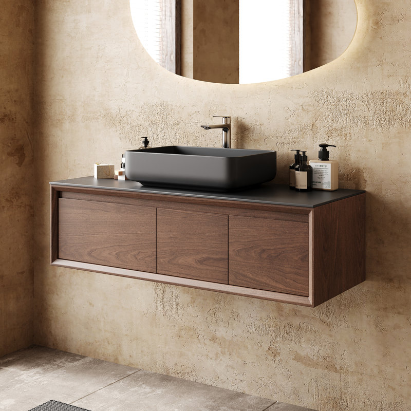 48'' Single Bathroom Brown Vanity with Black Stone Top, Multi-layer Solid Wood Floating Bathroom Vanity with One Drawer and One Cabinet