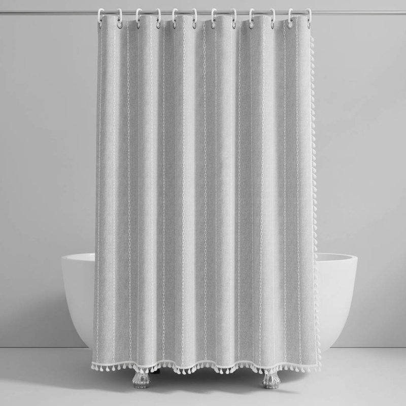 Boho Farmhouse Tassel Shower Curtain, Grey