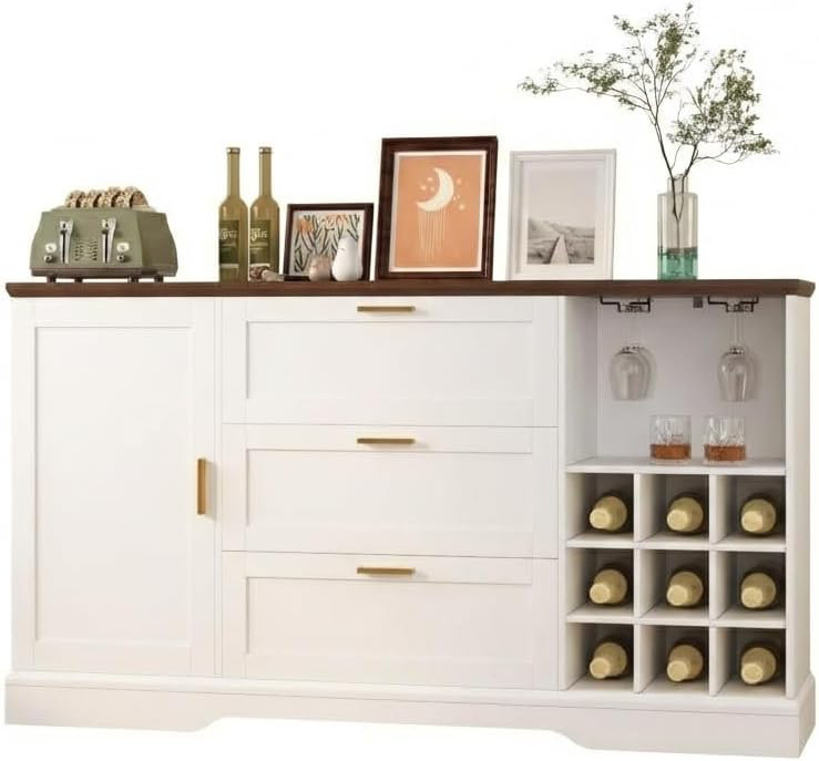 Buffet 63 "Farmhouse Buffet - Tiroir, tablettes réglables, supports à vin, bar à café pour entrée de cuisine, Blanc / Brun