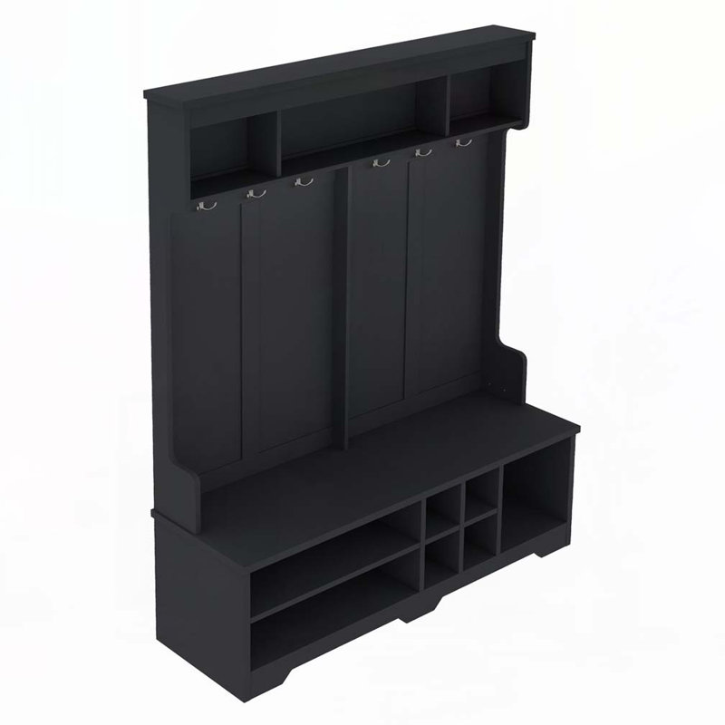 Hallway Hall Tree with Metal Hooks and Storage Space, Black