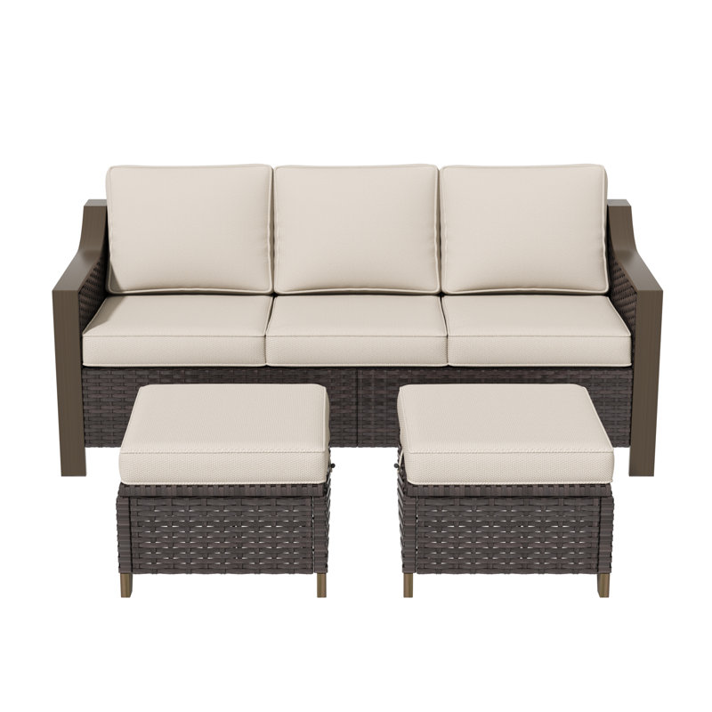 Three-seater Patio Wicker Sofa With Ottomans, Beige