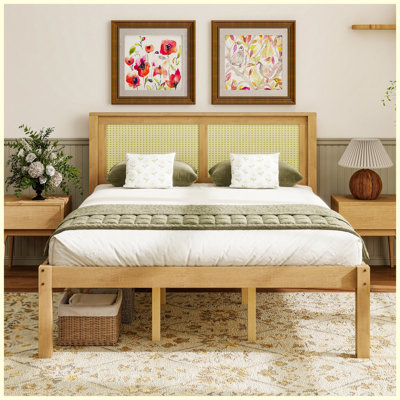 Queen Size Solid Wood Platform Bed, Farmhouse Boho Bed Frame with Rattan Headboard, Under Bed Storage, No Box Spring Needed, Natural Wood