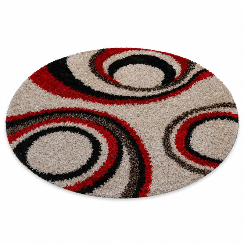 Tapis écologiques à poils longs touffetés à la main Abrielle - 8 pi x 8 pi, de couleur rouge ivoire, de conception géométrique moderne, de tapis épais antidérapants faits à la main pour le salon, la chambre à coucher