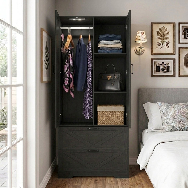 Armoire 71 po H avec miroir, capteur de lumière, tiroirs et tringle, Black