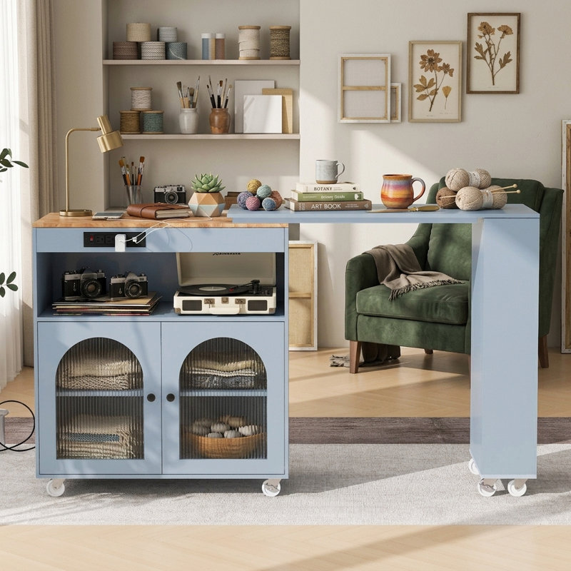 Kitchen Island On Wheels With Extendable Table, Led Lights, Power Outlets, 2 Fluted Glass Doors, Storage Compartment, 3 Open Shelves, Grey