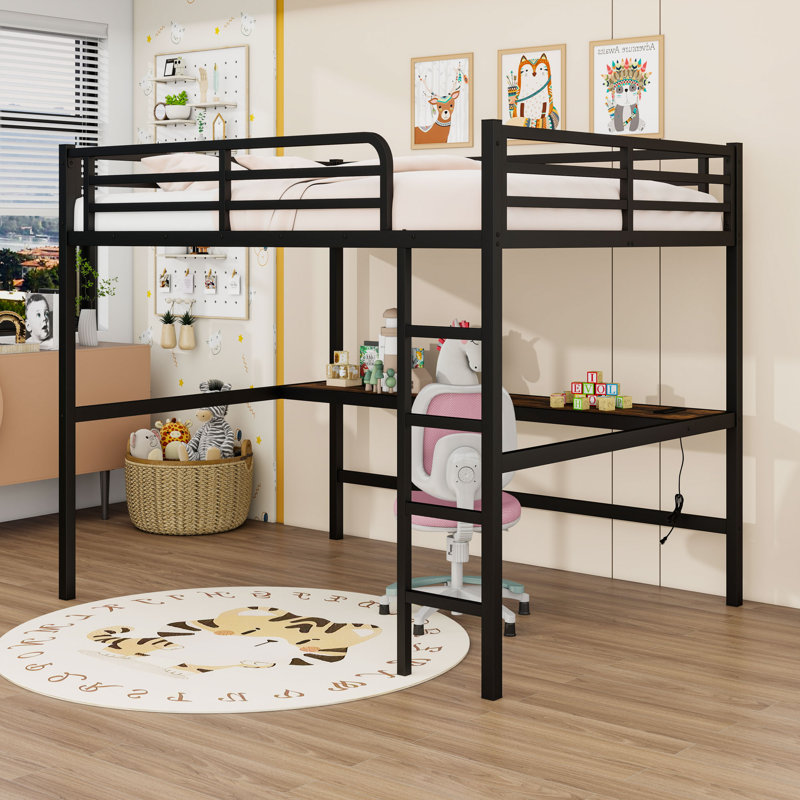 Queen Metal Loft Bed With LED Light, Desk And USB Ports