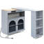 Îlot de rangement roulant pour cuisine avec DEL, prise de courant, porte en verre cannelé et tablettes spacieuses, portes mobiles grises, lumières, compartiment de prises de courant-440439701
