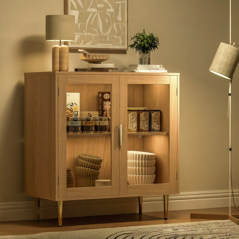 Modern Buffet Cabinet With Led Lights, 32" Acrylic Sideboard With 2 Doors, Adjustable Shelf Coffee Bar For Living Room, Kitchen, Oak