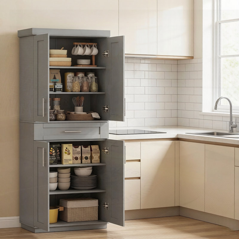 Spacious Freestanding Storage Cabinet,Kitchen Pantry Cabinet,Tall Storage Cabinet, Grey