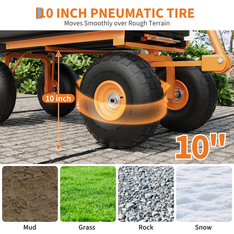 Chariot à benne basculante, chariot de jardin robuste avec déversement rapide et pneus non crevés de 10 po / 13 po et poignée rotative à 180 °, wagon de déversement en polyéthylène antirouille, wagon utilitaire de jardin, aménagement paysager, jardinage