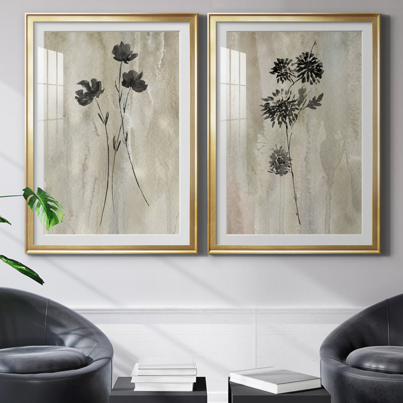 «Sumi-E Silhouette III», ensemble de 2 reproductions d'art, Impression encadrée avec passe-partout, H 30,5 po x l 85 po, Doré