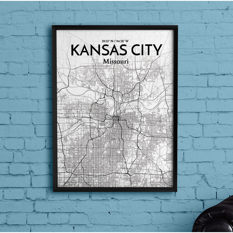 « Kansas City Map », impression d’art graphique en blanc/gris, H 17 po x l 11 po