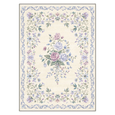 Atascadero Romantic Floral Bordered Rug, Machine Washable, Inspired Faux Wool, Non-Slip Backing